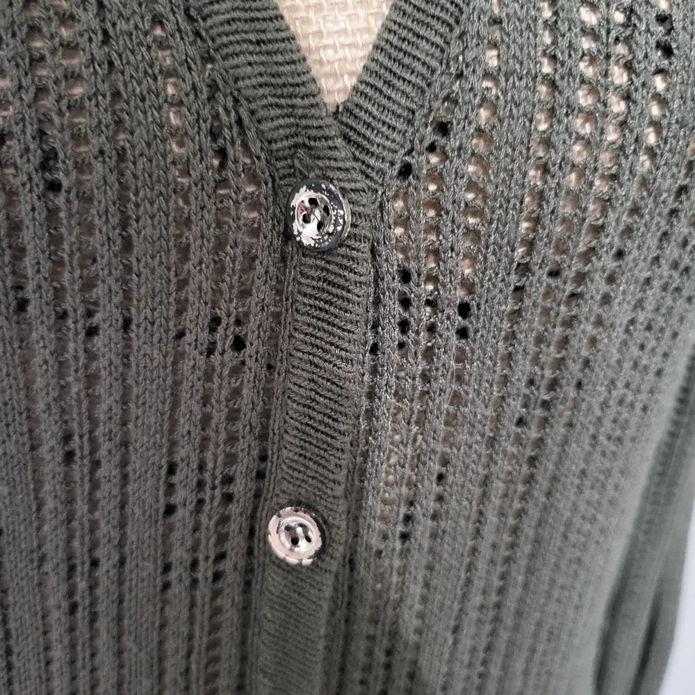 Alberto Makali Knit Button Down V Neck Olive Sweater with Beaded Open Shoulders